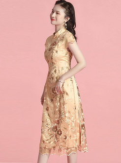 Mandarin Collar Mesh Embroidered Sequin A Line Dress