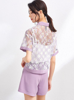 Purple Lace Openwork High Waist Hot Pant Suits
