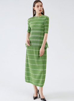 Green Short Sleeve Straight Pleated Skirt Suits