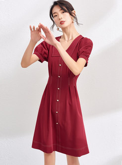 Red V-neck Puff Sleeve A Line Dress