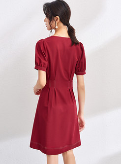 Red V-neck Puff Sleeve A Line Dress