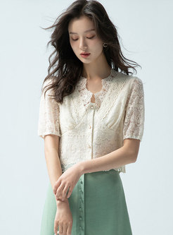Sweet Puff Sleeve V-neck Lace Crop Blouse