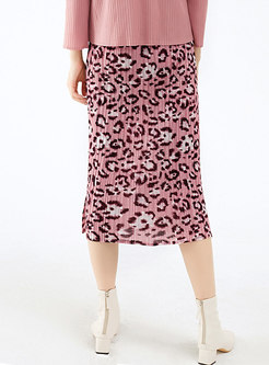 Pink Leopard Pleated Sheath Midi Skirt