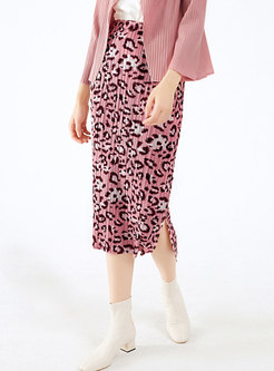 Pink Leopard Pleated Sheath Midi Skirt
