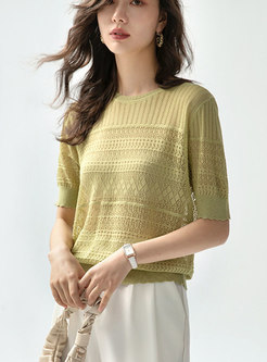 Short Sleeve Lace Openwork Short Knit Top