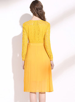 Yellow Long Sleeve Lace Pleated A Line Dress