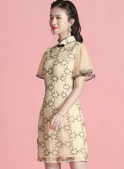 Mandarin Collar Mesh Improved Cheongsam Mini Dress