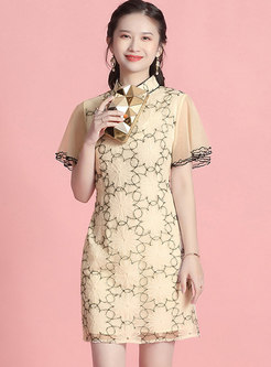 Mandarin Collar Mesh Improved Cheongsam Mini Dress