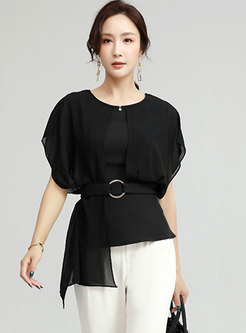 Solid Crew Neck Pullover Asymmetric Blouse
