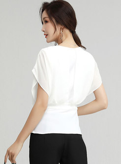 Solid Crew Neck Pullover Asymmetric Blouse