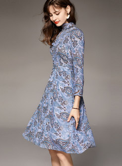 Mandarin Collar Print Silk Skater Dress