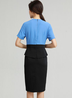V-neck Color-blocked Patchwork Office Dress