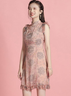 Mandarin Collar Print Chiffon Mini Bodycon Dress