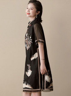 Retro Mandarin Collar Embroidered Shift Dress