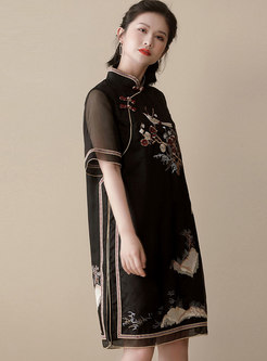 Retro Mandarin Collar Embroidered Shift Dress