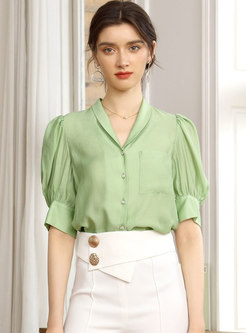 V-neck Puff Sleeve Single-breasted Blouse