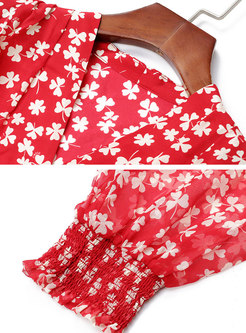 Red Print Silk A Line Ruffle Wrap Dress