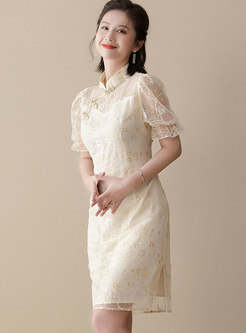 Retro Mandarin Collar Lace Embroidered Dress