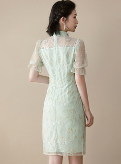Retro Mandarin Collar Lace Embroidered Dress