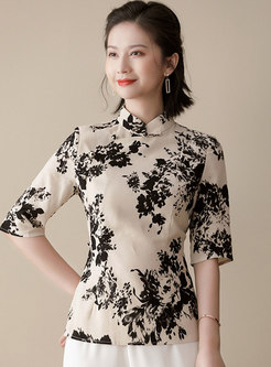 Mandarin Collar Half Sleeve Print Linen Blouse