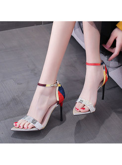 Pointed Toe Rhinestone Color-blocked Sandals