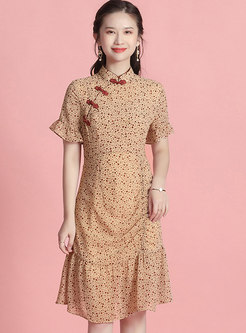 Mandarin Collar Floral Chiffon Drawstring Mini Dress
