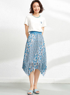 High Waisted Print Chiffon Pleated Midi Skirt
