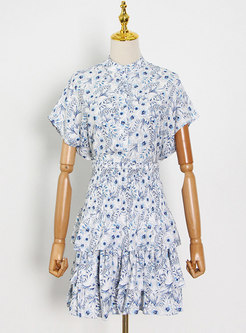 Blue V-neck Floral Chiffon Mini Skirt Suits