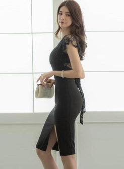 Sexy Black Lace Patchwork Bowknot Bodycon Dress