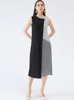 Color-blocked Patchwork Pleated A Line Midi Dress