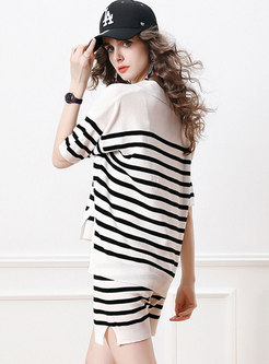 Casual V-neck Striped Loose Knit Shorts Suits