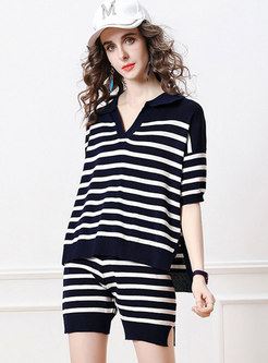 Casual V-neck Striped Loose Knit Shorts Suits