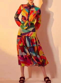 Lapel Geometric Pattern Chiffon Maxi Skirt Suits