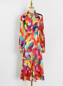 Lapel Geometric Pattern Chiffon Maxi Skirt Suits