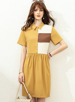 Turn-down Collar Color-blocked A Line Shirt Dress