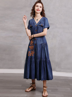 Vintage V-Neck Single-Breasted Denim A-Line Dress