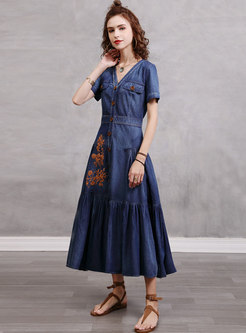 Vintage V-Neck Single-Breasted Denim A-Line Dress