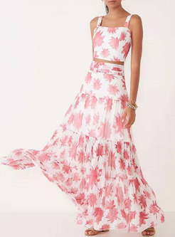 Sleeveless Print Square Neck Top Maxi Skirt Suits