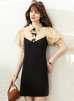 Color Blocked Puff Sleeve Bowknot Shift Dress