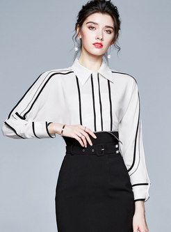 White Long Sleeve Patchwork Striped Blouse