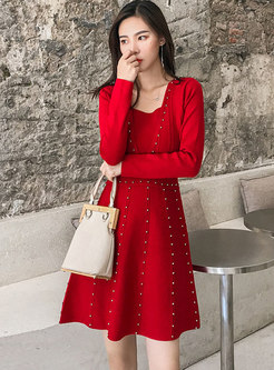 Red Square Neck A Line Knitted Dress