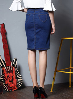 Blue High Waisted Sheath Denim Split Skirt