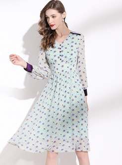V-neck Long Sleeve Print A Line Chiffon Dress