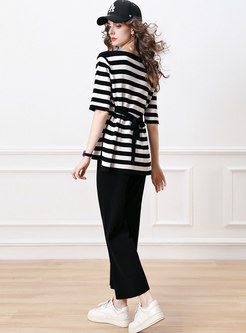 Half Sleeve V-Neck Striped Wrap Top Long Pant Suits