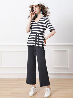 Half Sleeve V-Neck Striped Wrap Top Long Pant Suits