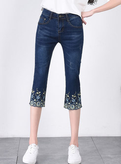 Deep Blue Embroidered Calf-Length Flare Pants