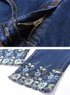 Deep Blue Embroidered Calf-Length Flare Pants