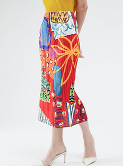 Multi Print Split Midi Pleated Skirt