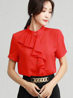 Solid Mock Neck Single-Breasted Ruffle Shirt