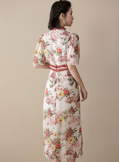Floral Mock Neck Patchwork Split Cheongsam Dress